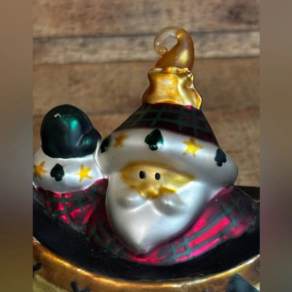 Vintage Santa Claus In Canoe Glass Christmas Tree Ornament Rustic Lake